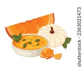 Autumn illustration composition pumpkin and pumpkin soup. Autumn mood. Vector illustrated element.