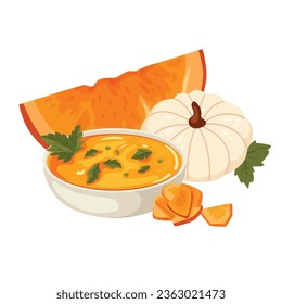 Autumn illustration composition pumpkin and pumpkin soup. Autumn mood. Vector illustrated element.