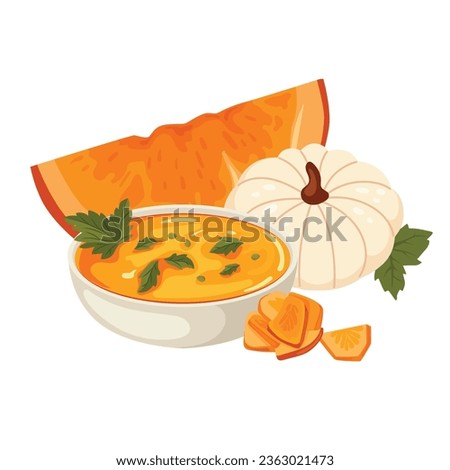 Autumn illustration composition pumpkin and pumpkin soup. Autumn mood. Vector illustrated element.