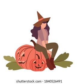 Autumn illustration of a cozy, beautiful girl in a blue sweater. The girl sits on the ground and holds a pumpkin in her hands. Unique Autumn Digital Drawing for Greeting Card, Nursery Wall, Home Decor