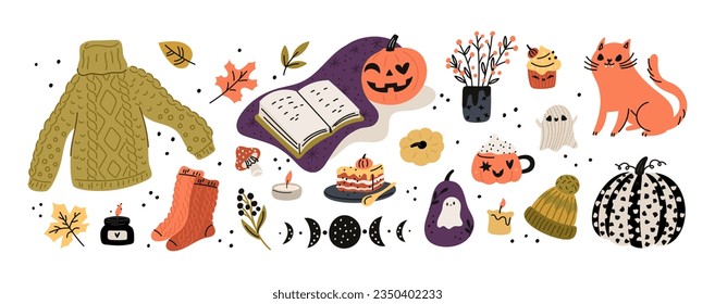 Ilustración otoñal de elementos de diseño acogedores. Juego de lindas hojas de otoño, follaje, taza, halloween, calabazas, suéter, pasteles, velas, tazas de té. Colección dibujada a mano del vector fondo blanco aislado