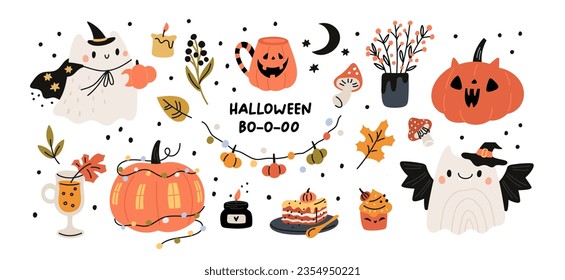 Autumn illustration of cozy design elements. Set of cute fall leaves, foliage, cup, halloween, pumpkins, sweater, cakes, candles, tea cups. Vector hand drawn collection isolated white background