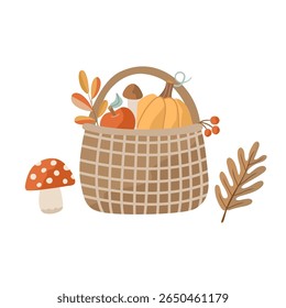 Autumn illustration with a cozy wicker basket filled with seasonal harvest pumpkin, apple, mushrooms, and colorful leaves. Perfect for greeting cards and fall-themed designs