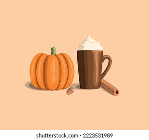 Autumn illustration. Cup of coffee and pumpkin on a light background. flat style