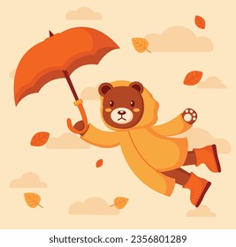 Autumn illustration. A cute cartoon teddy bear in a yellow raincoat and holding an umbrella. Vector illustration