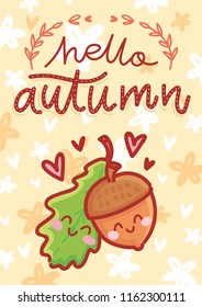Autumn illustration with cute colorful smiling characters. Hello Autumn. Art in cartoon style on Hand drawn background for greeting card, poster, banner, invitation
