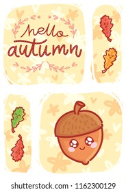 Autumn illustration with cute colorful smiling characters. Hello Autumn. Art in cartoon style on Hand drawn background for greeting card, poster, banner, invitation
