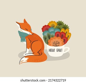 Autumn illustration. Cute fox with forest in cup . Vector design for card, poster, flyer, web and other use.