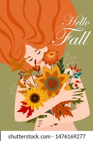 Autumn illustration with a cute girl and a bouquet of flowers. Vector flat design for card, poster, banner. Beautiful template.