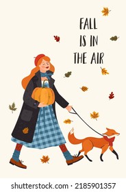 Autumn illustration. Cute girl with a fox. Vector design for card, poster, flyer, web and other use.