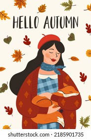 Autumn illustration. Cute girl with a fox. Vector design for card, poster, flyer, web and other use.