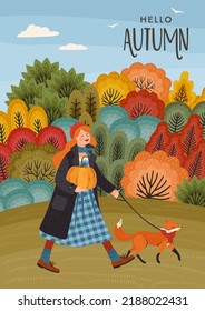 Autumn illustration. Cute girl with a fox. Vector design for card, poster, flyer, web and other use.