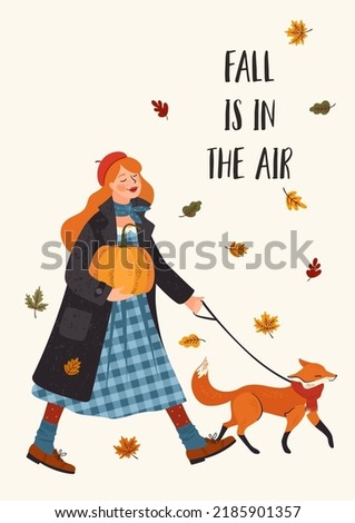 Autumn illustration. Cute girl with a fox. Vector design for card, poster, flyer, web and other use.