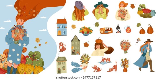 Autumn illustration of a cute girl, woman, with an autumn bouquet, with a set of female characters, girls in the fall, symbols of Thanksgiving, fall. Hand drawn vector illustration.