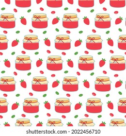 Autumn illustration with cute jars of strawberry jam and strawberry berries on a white background. Vector seamless pattern for printing on packaging, wallpaper, fabric, clothing, etc. 
