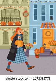 Autumn illustration. Cute lady with pumpkin and flowers . Vector design for card, poster, flyer, web and other users.