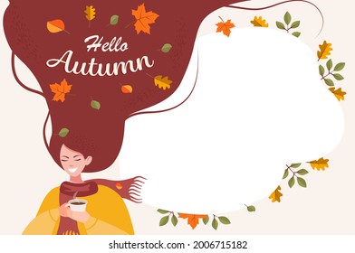 Autumn illustration with cute woman. A girl with a cup in her hands. Hello autumn background. Vector illustration.