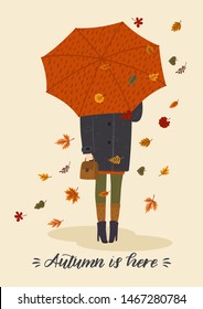 Autumn illustration with cute woman under umbrella. Vector design for card, poster, flyer, web and other users.