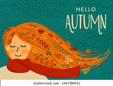 Autumn illustration with cute woman. Vector design for card, poster, flyer, web and other users.