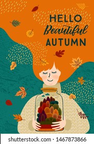 Autumn illustration with cute woman. Vector design for card, poster, flyer, web and other users.