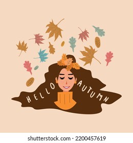 Autumn illustration with cute woman. Vector design for card, poster, flyer, web and other users.