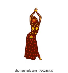 Autumn illustration of a dancing woman (oriental), silhouette on a white background. Vector