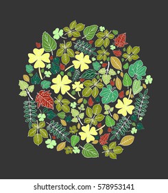 Autumn illustration with different kind of leaves in a circle shape.