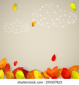 Autumn illustration with eaves in low poly triangular style and clouds made of dots and lines