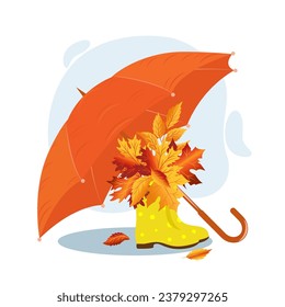Herbstgrafik. Herbstfallkonzept mit abstraktem Hintergrund, Regenschirm, Blättern und Stiefeln. Stock-Vektordesign.