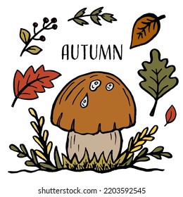 Autumn illustration with falling leaves, berries and mushroom, fall floral elements and inscription Autumn. Background for fall season. Vector illustration isolated on white. Thanksgiving invitation