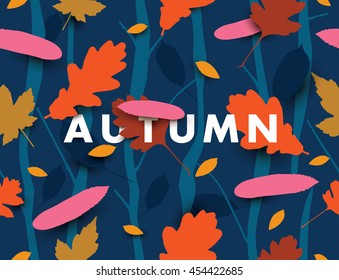 Autumn illustration with falling leaves in the dark forest. Vector background.