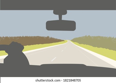 autumn illustration in flat style, car view, car windshield silhouette, hand holding steering wheel, rearview mirrors, driving on two lane asphalt road with markings, forest left and right, horizon