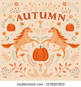 Autumn illustration in folk style, with pumpkins, unicorns and floral motifs.