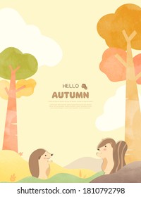 autumn illustration frame : Squirrel and hedgehog