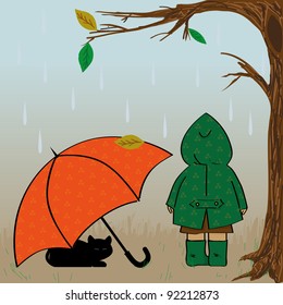 autumn illustration with girl, cat and umbrella