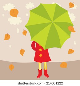 Autumn illustration. Girl in red coat with green umbrella under rain and leaves