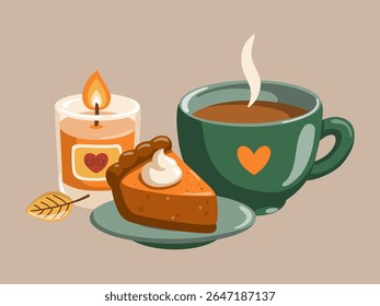 Autumn illustration with green cup, cosy candle and slice of pumpkin pie. Cartoon vector illustration on white background