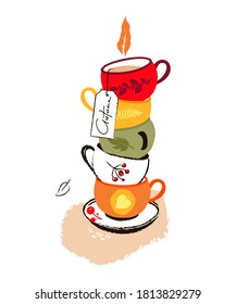 Autumn illustration with hand drawn cups.Vector still life
