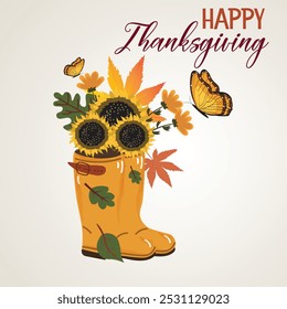 Autumn illustration. Happy Thanksgiving vector illustration composition with shoes, flowers, leaves and butterflies.