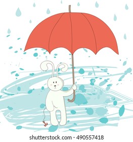 Autumn illustration. Hare with red umbrella under rain.