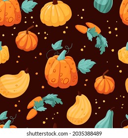 
Autumn illustration with harvest isolated on brown background. Vector seamless pattern with ripe pumpkins, carrots and color spots. For the decoration of the harvest festival and gardening.