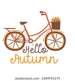 Autumn illustration - Hello Autumn quote with bicycle. Fall print design for tshirt, sublimation printing. Cozy autumn logo. Stock vector isolated on white background.