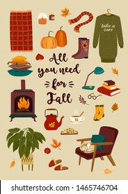 Autumn illustration with homely cute things. Vector design for card, poster, flyer, web and other users.