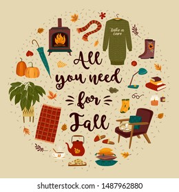 Autumn illustration with homely cute things. Vector design for card, poster, flyer, web and other users.
