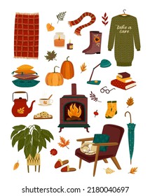 Autumn illustration with homely cute things. Vector design for card, poster, flyer, web and other use