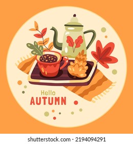 Ilustración del otoño con una bebida caliente, tetera, cono y hojas. Hola texto de otoño. Objetos decorativos de caída ligera. Estética de higge cálida. Publicación de medios sociales en cuadrado o círculo. Tarjeta de felicitación