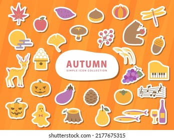 Autumn Illustration Icon Set White edge and Seal Ver. Aautumn leaves, maple, food, animals, Halloween, fruit