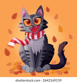 Ilustração de outono. Gatinho sentado na folhagem. Folhas coloridas caindo sobre o gatinho. Lenço listrado. Gato no cachecol. Fundo de outono amarelo. Gato vetorial