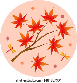 Autumn illustration of maple and dragonfly.