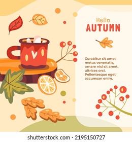 Autumn illustration with mug of cacao with marshmallows on a wooden stand and leaves. Hello autumn text. Cute fall decorative objects. Warm hygge aesthetics. Square social media post or card